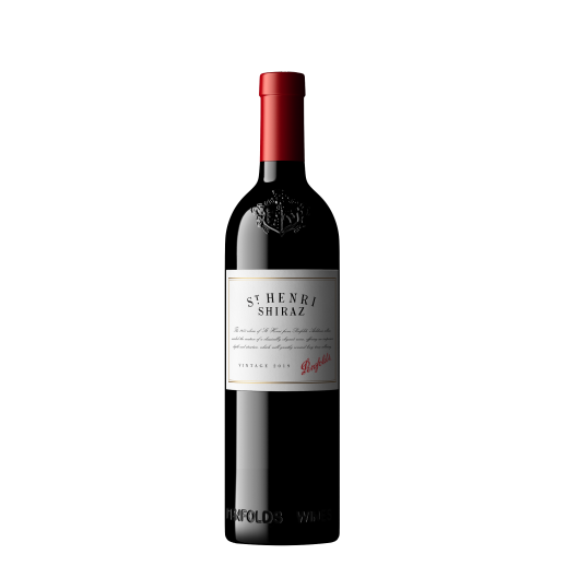 Penfolds Henri Shiraz Saint 2018 wine bottle with red cap and white label on black background