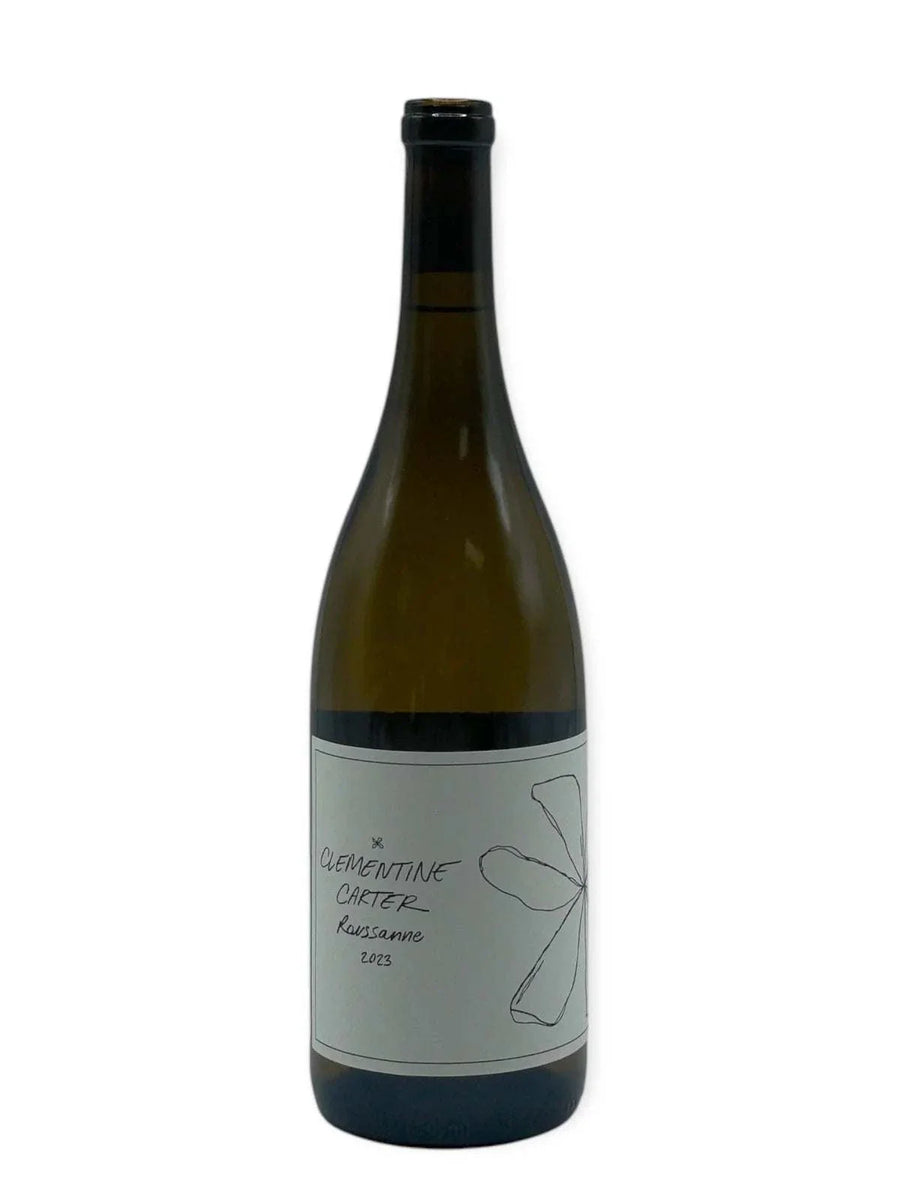 Clementine Carter Roussanne 2023 California white wine bottle with elegant label and wine glass