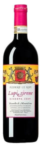 Podere Le Ripi Lupi e Sirene 2018 Tuscan red wine bottle with red cap and yellow label featuring two wolves and sun emblem