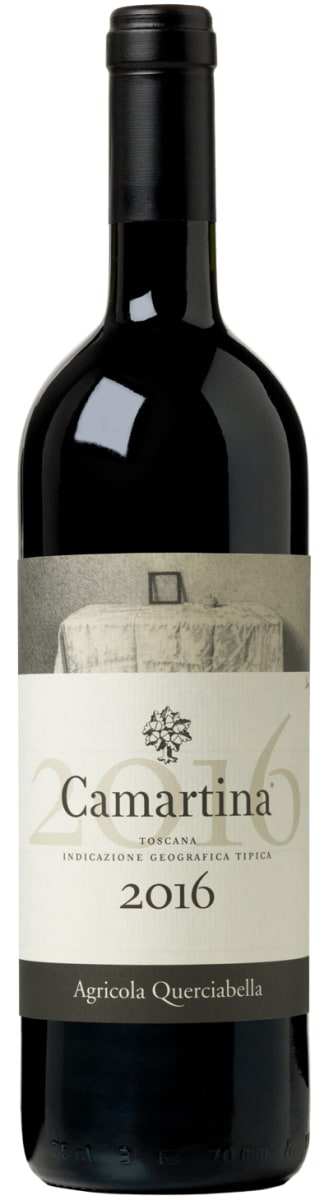 Bottle of Querciabella Toscana Rosso Camartina 2016 wine with elegant label representing biodynamic Tuscan wine