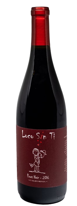 Bottle of Qvivo Loco Sin Ti Pinot Noir California 750 ML wine with red cherry and raspberry notes