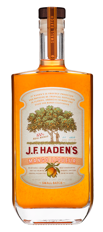 J.F.Hadens Small Batch Mango Liqueur 750 ML bottle with label displaying mango and tree imagery.
