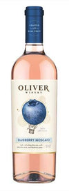 Oliver Winery Blueberry Moscato 750 ML wine bottle with label featuring blueberry image.