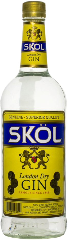 Skol Gin 1.75L London Dry gin bottle with yellow label and gold cap