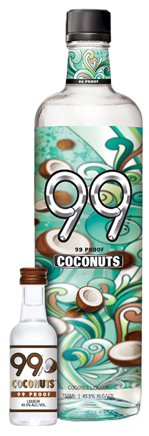 99 Brand Coconuts Liqueur 750 ML bottle with coconut-themed label design.