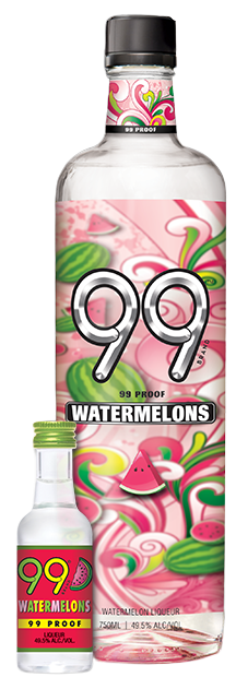 99 Brand Watermelons Liqueur 750ML bottle with vibrant watermelon design.