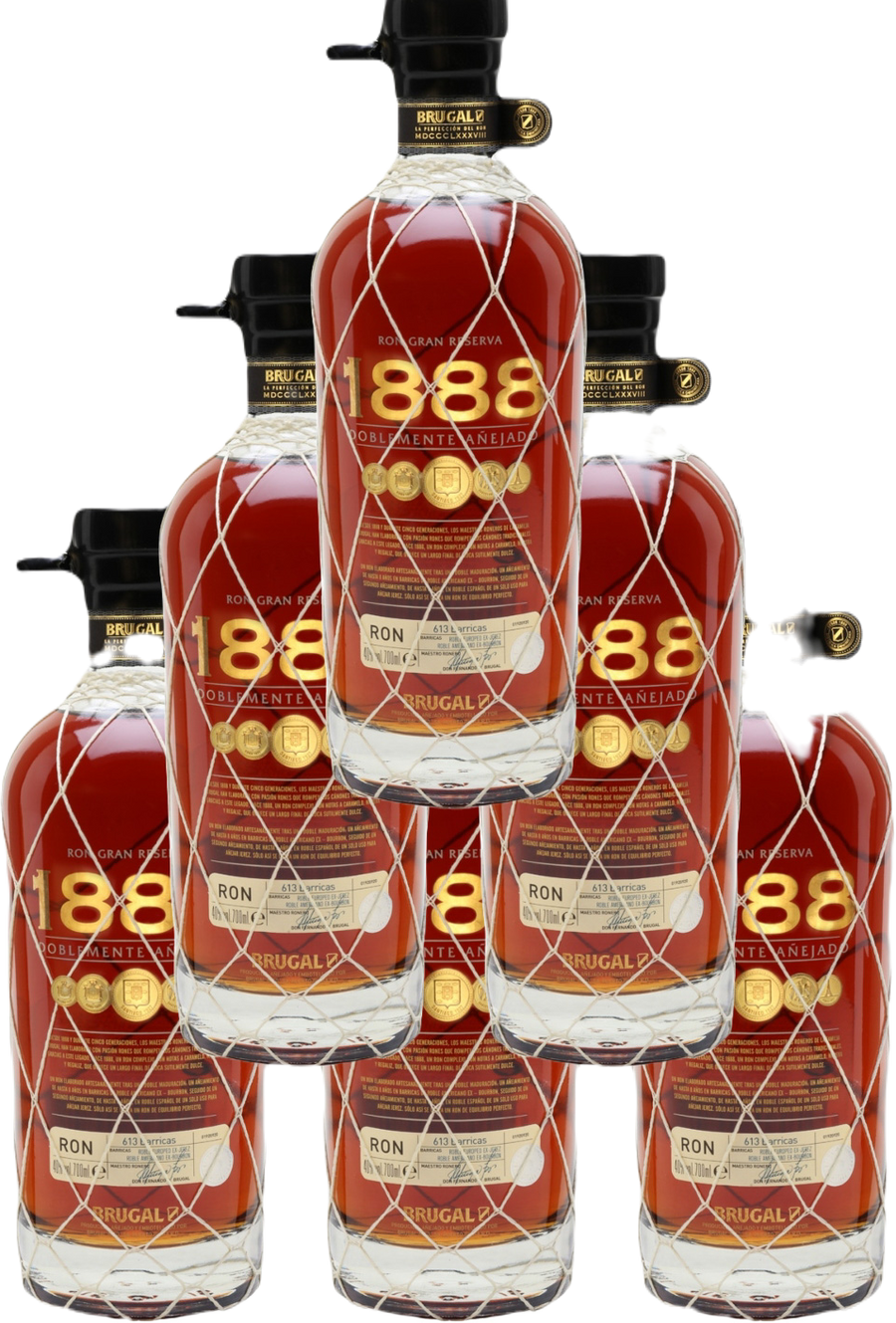 Brugal 1888 Ron Gran Reserva rum bottles, double-aged in bourbon and sherry casks.