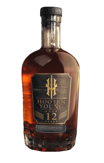 Hooten Young 12 Year whiskey bottle with dark label, aged aroma.