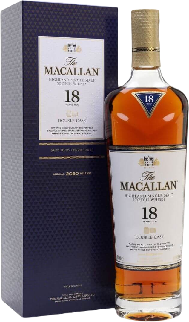 The Macallan Double Cask 18 Year Old Single Malt Scotch Whisky bottle and box with premium packaging
