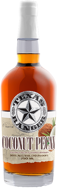 Texas Ranger Coconut Pecan Flavored Whiskey 750 ML bottle with label featuring pecans and coconuts.