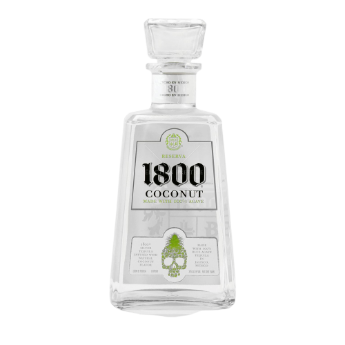 Bottle of 1800 Coconut Tequila 750 ML with coconut and cocktail glass