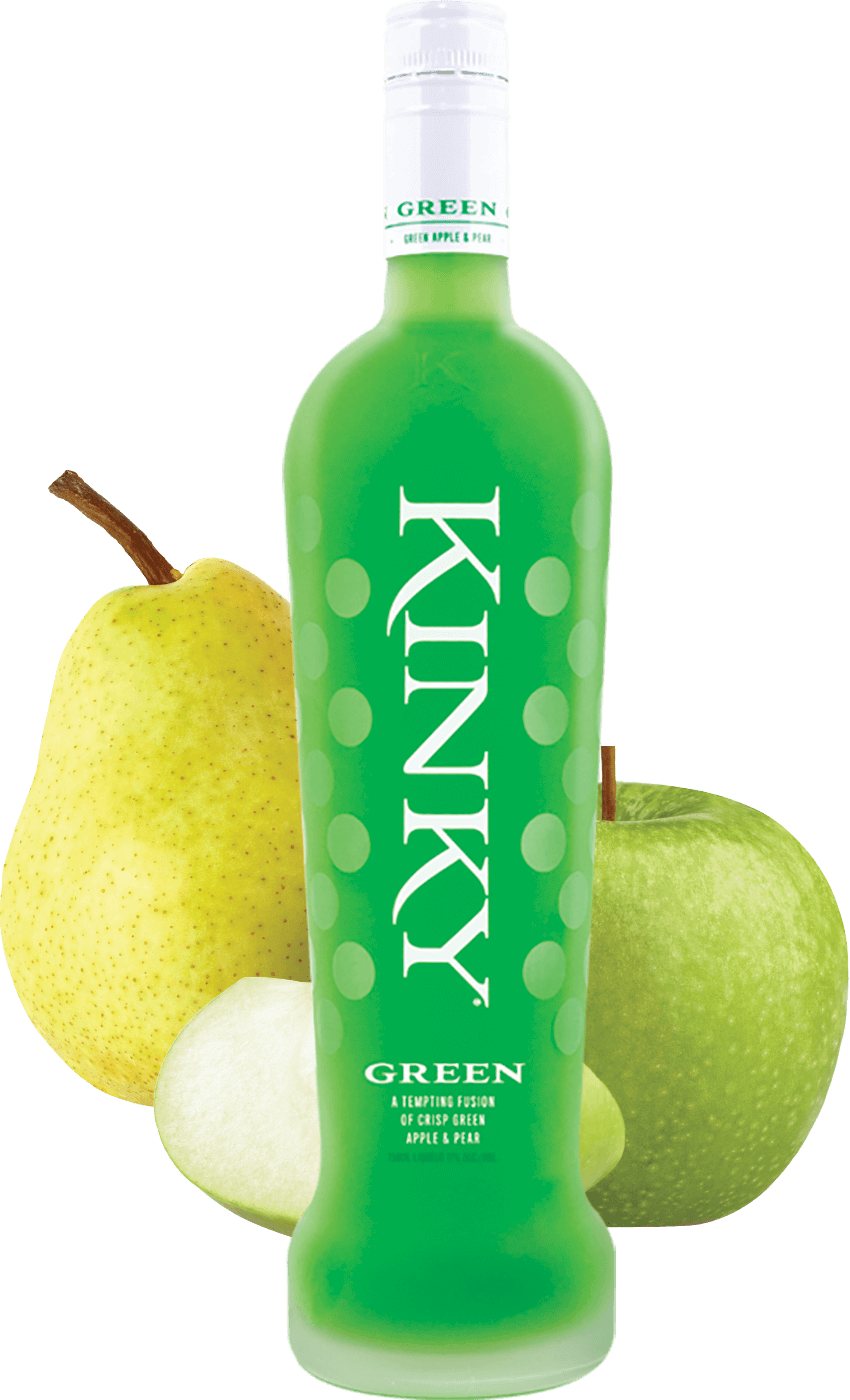 Kinky Beverages Green Liqueur 750 ML bottle with vibrant green hue, showcasing its crisp apple and pear flavor profile, perfect for mixing in refreshing cocktails.