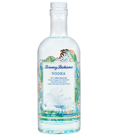 Coral Cay Tommy Bahama Estate Copper Pot Distilled Vodka 750 ML bottle with tropical design.