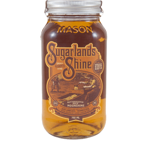 Sugarlands Shine Butterscotch Gold Moonshine 750 ML bottle on white background.