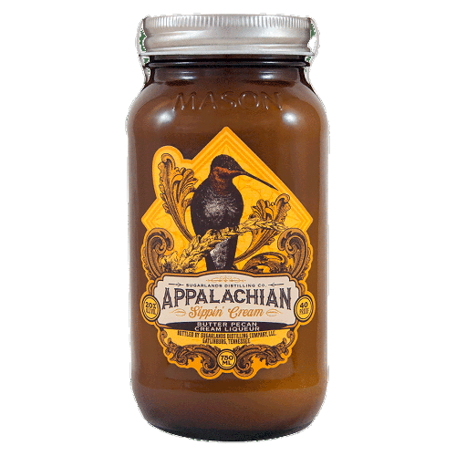 Sugarlands Appalachian Sippin Cream Butter Pecan Liqueur 750 ML in a mason jar with a decorative label.