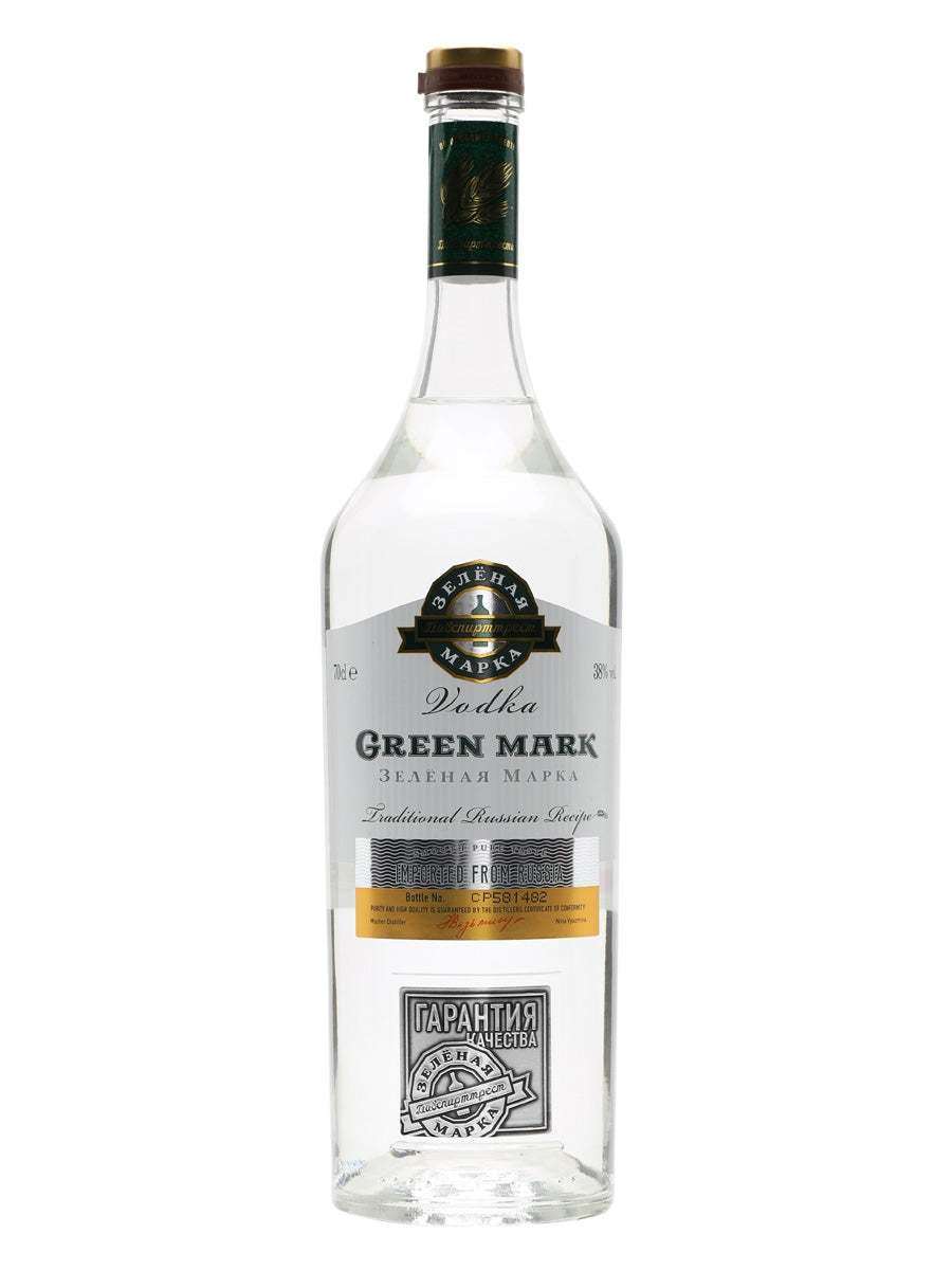 Green Mark Vodka 1.75L bottle with Russian quality approval seal and traditional vodka label