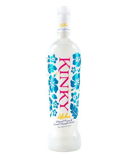 Kinky Beverages Aloha Liqueur 750 ML bottle with vibrant label, showcasing its tropical fruit blend perfect for summer cocktails and vibrant drink experiences.