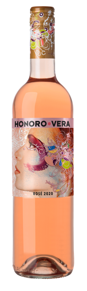 Bottle of Honoro Vera Rose 2024 organic rosé wine from Jumilla, Spain with salmon-pink hue and fruit aromas