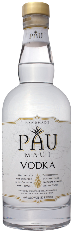 Pau Maui Hawaiian Vodka 750ml bottle with tropical island and sugarcane accents