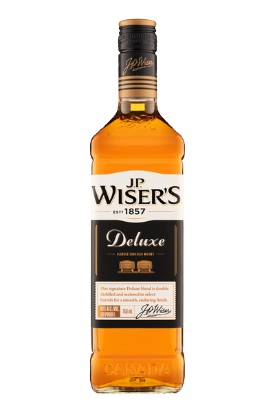 J P Wisers Canadian Whisky Deluxe 1L bottle with label showing award-winning rye blend.