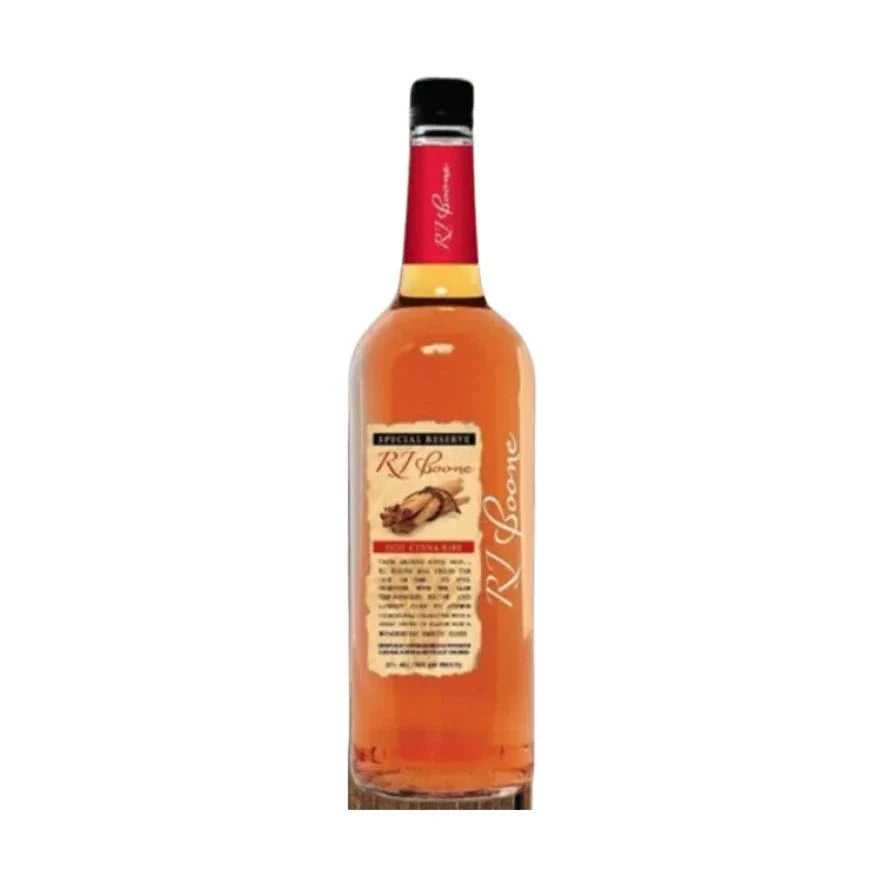 RJ Boone Hot Cinnamon Whiskey 750 ML bottle with fiery red label and cinnamon imagery.