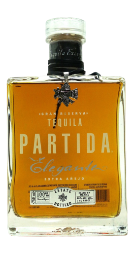 Partida Elegante Extra Anejo Tequila 750ml bottle with rich amber color and elegant square design