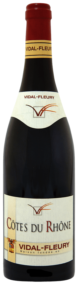 Bottle of Vidal-Fleury Côtes du Rhène wine with a visible label.