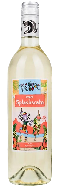 Bottle of Reggae Wines Peach Splashcato Easley Grape Wine With Natural Flavor 750 ML with peaches and a wine glass