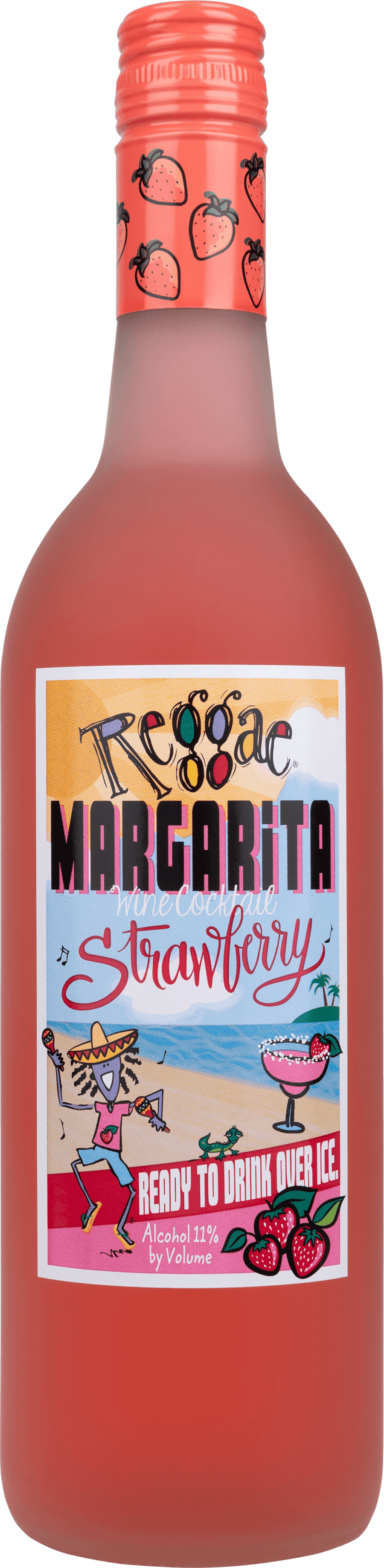 Bottle of Reggae Wines Strawberry Margarita Wine Cocktail 750 ML with fresh strawberries and limes