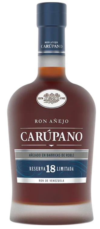 Ron Anejo Carupano Reserva 18 Limitada Rum bottle with amber color and golden sparkles.