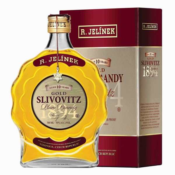 Rudolf Jelinek 10 Years Old Gold Slivovitz Plum Brandy 700ML bottle and box packaging
