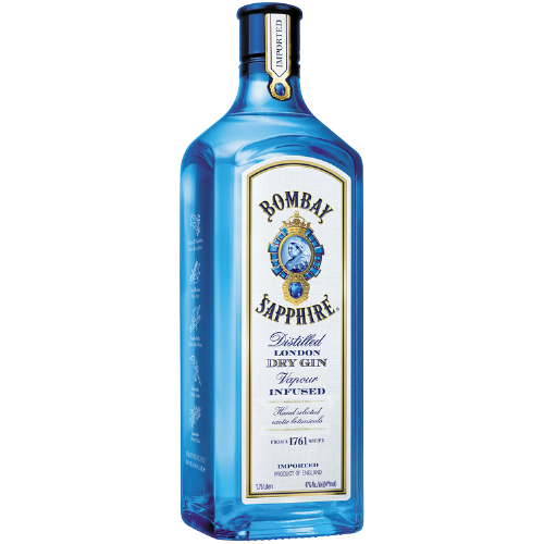 Bombay London Dry Gin Sapphire 94 1.75L bottle with blue design and botanical infusion details.