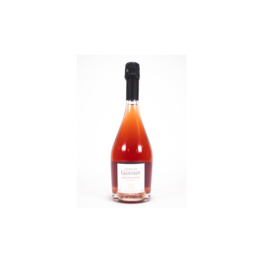 Rene Geoffroy Champagne Brut Rose De Saignee Premier Cru 750 ML bottle with vivid pink hue and elegant label