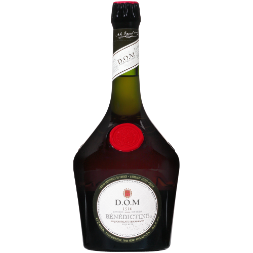 Benedictine Brandy Liqueur Dom 80 1L bottle with label featuring D.O.M. and red seal.