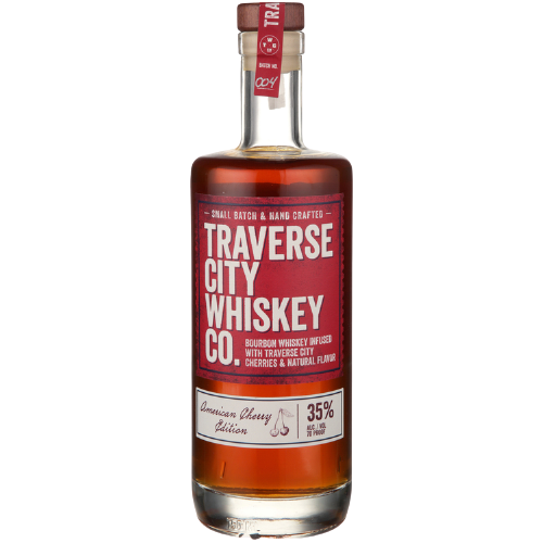 Traverse City Whiskey Co. Cherry Infused Bourbon bottle, 750 ML, showcasing American Cherry Edition label.