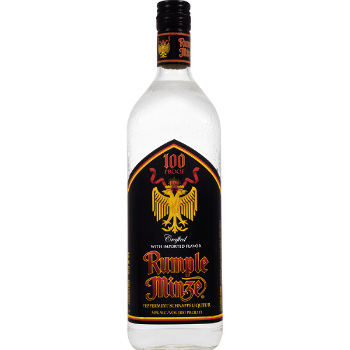Rumple Minze Peppermint Schnapps 1L bottle featuring a double-headed golden eagle logo.
