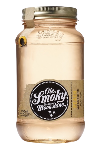 Ole Smoky Peach Moonshine 750ml jar with golden lid and label.