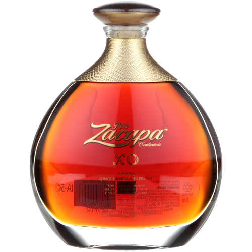 Ron Zacapa Aged Rum XO Centenario bottle with rich amber hue and elegant design.