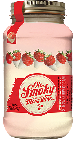Ole Smoky White Chocolate Strawberry Cream Moonshine bottle with red label and strawberry imagery.