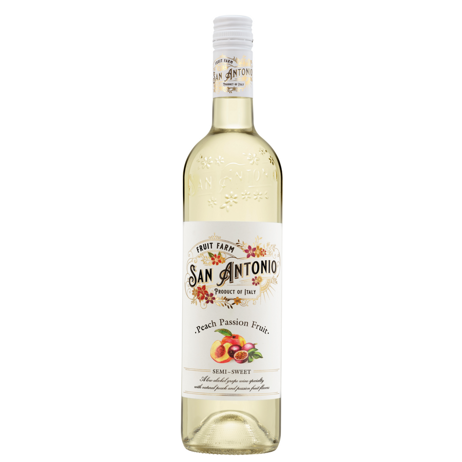Bottle of Fruit Farm Peach Passion Fruit Flavored Wine 750 ML with tropical fruit design