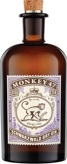 Monkey 47 Dry Gin Schwarzwald bottle, 375 ml, showcasing intricate label design.