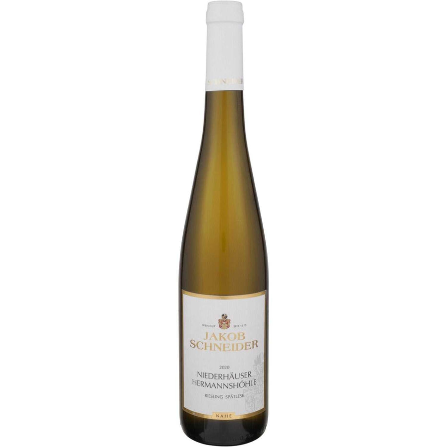 Bottle of Jakob Schneider Riesling Spatlese Niederhauser Hermannshohle 2020 white wine with elegant label
