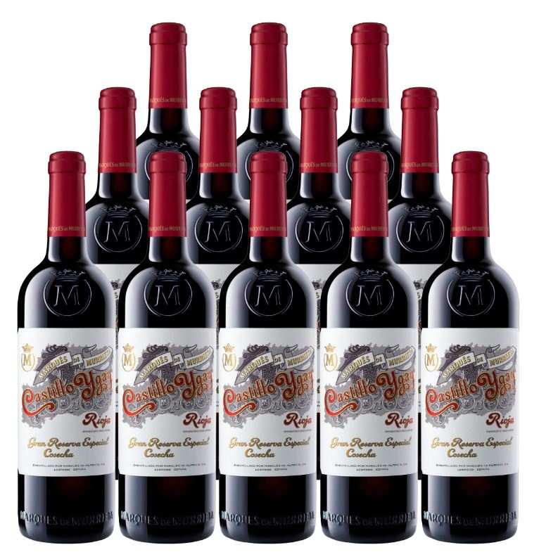 Twelve bottles of Castillo Ygay Rioja Gran Reserva Especial 2012 red wine with red caps and detailed white labels