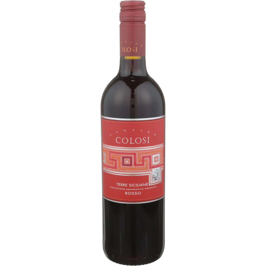 Bottle of Cantine Colosi Terre Siciliane Rosso 2020 red wine showcasing rich Sicilian terroir and deep ruby color