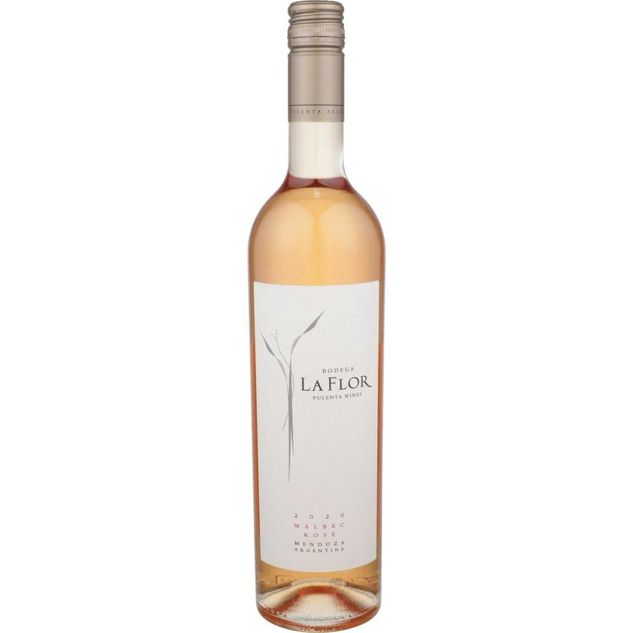 Pulenta Estate Malbec Rose 2020 bottle with pale salmon-pink rosé wine from Agrelo Argentina