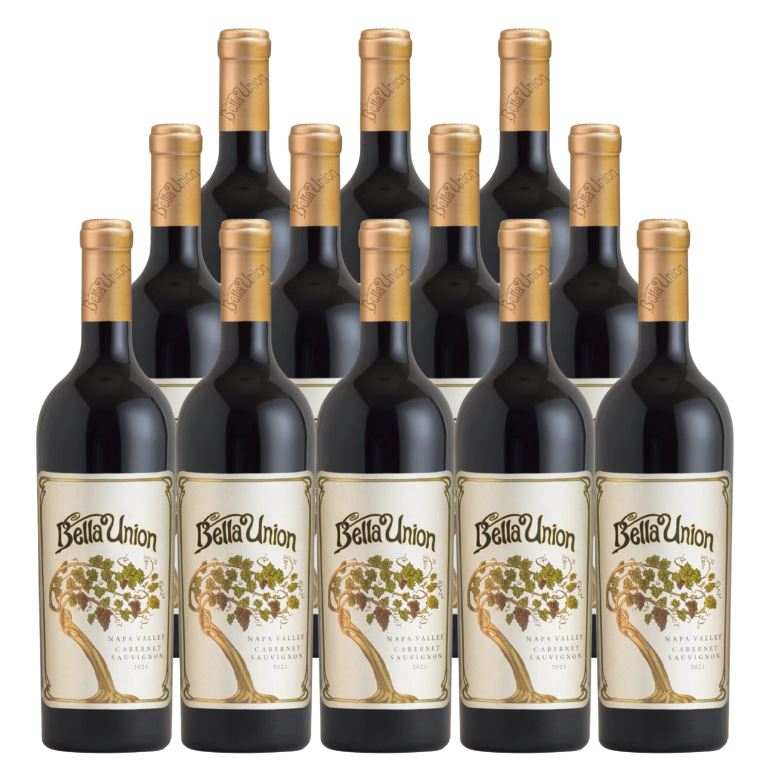 Twelve bottles of Bella Union Cabernet Sauvignon Napa Valley 2022 wine with gold foil capsules