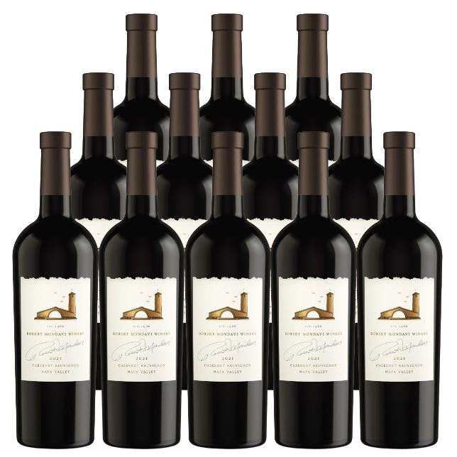 Twelve bottles of Robert Mondavi Winery Cabernet Sauvignon Napa Valley 2022 750 ML with elegant label and dark Bordeaux style wine.