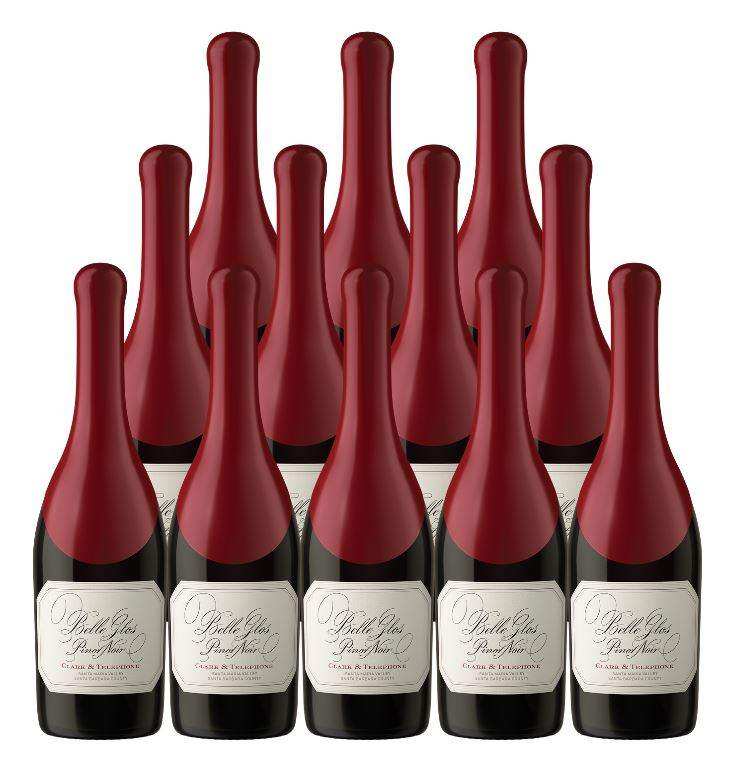 Belle Glos Pinot Noir Clark & Telephone 2022 12-bottle collection with vibrant notes and elegant packaging.