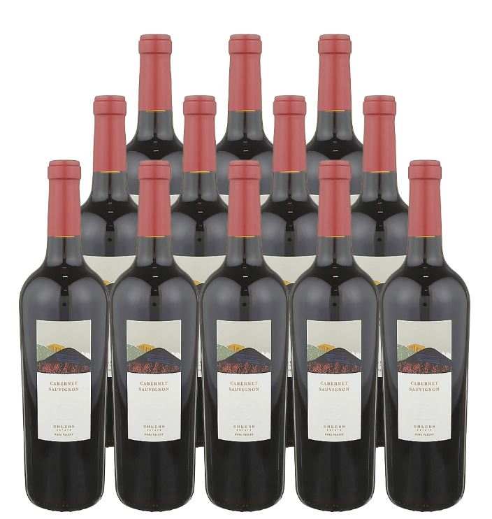 Twelve bottles of Ehlers Estate Cabernet Sauvignon Napa Valley 2019 with red foil capsules and Napa vineyard label