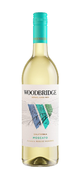 Woodbridge Moscato California 750 ML bottle with peach and floral notes background